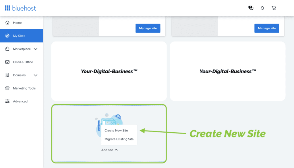 Bluehost: Create New Site