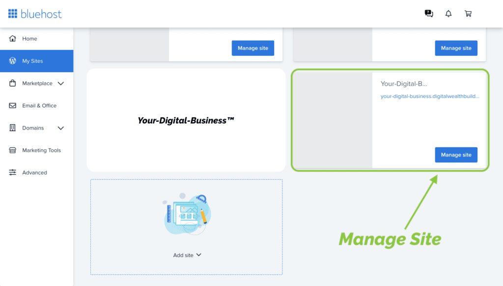 Bluehost: Manage Site